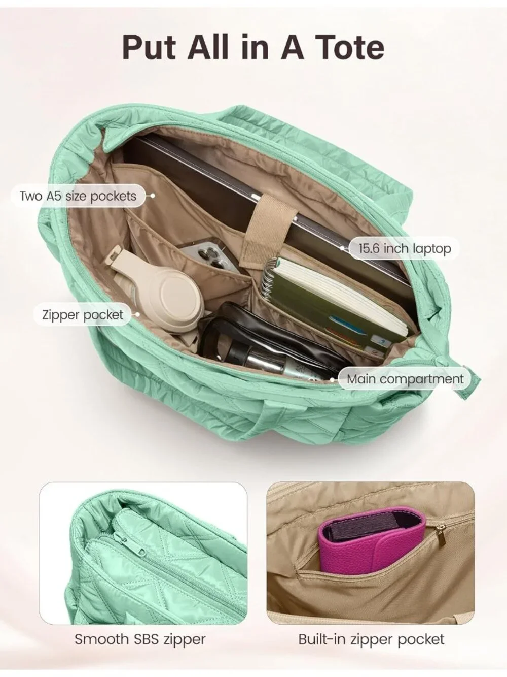 👜Women's Brook Green Puffer Tote Bags Lightweight Quilted Work For Travel